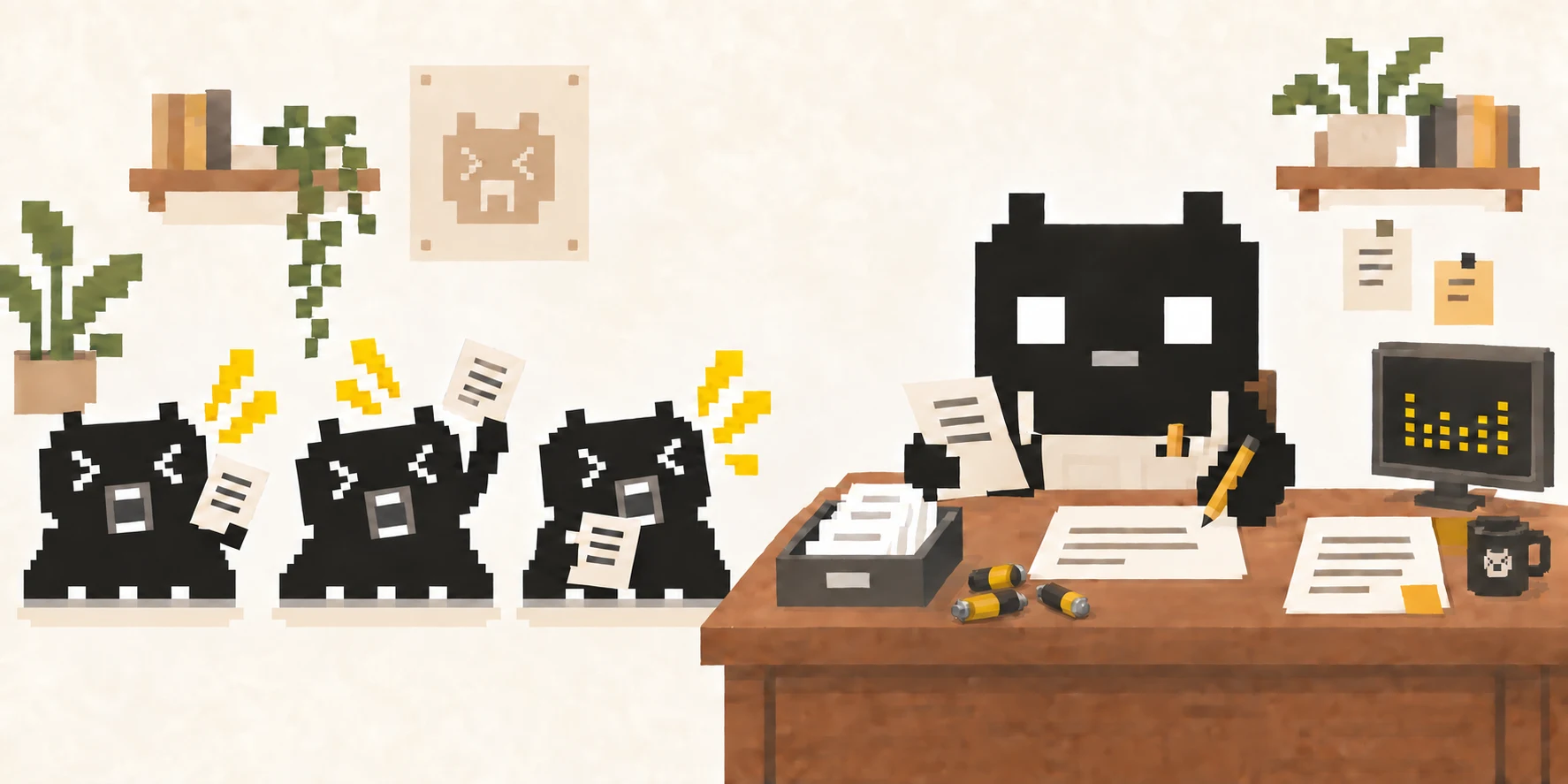 Three OpenAPPA mascots yell and submit reports to a calm housekeeper OpenAPPA, with papers and scattered batteries on the table.
